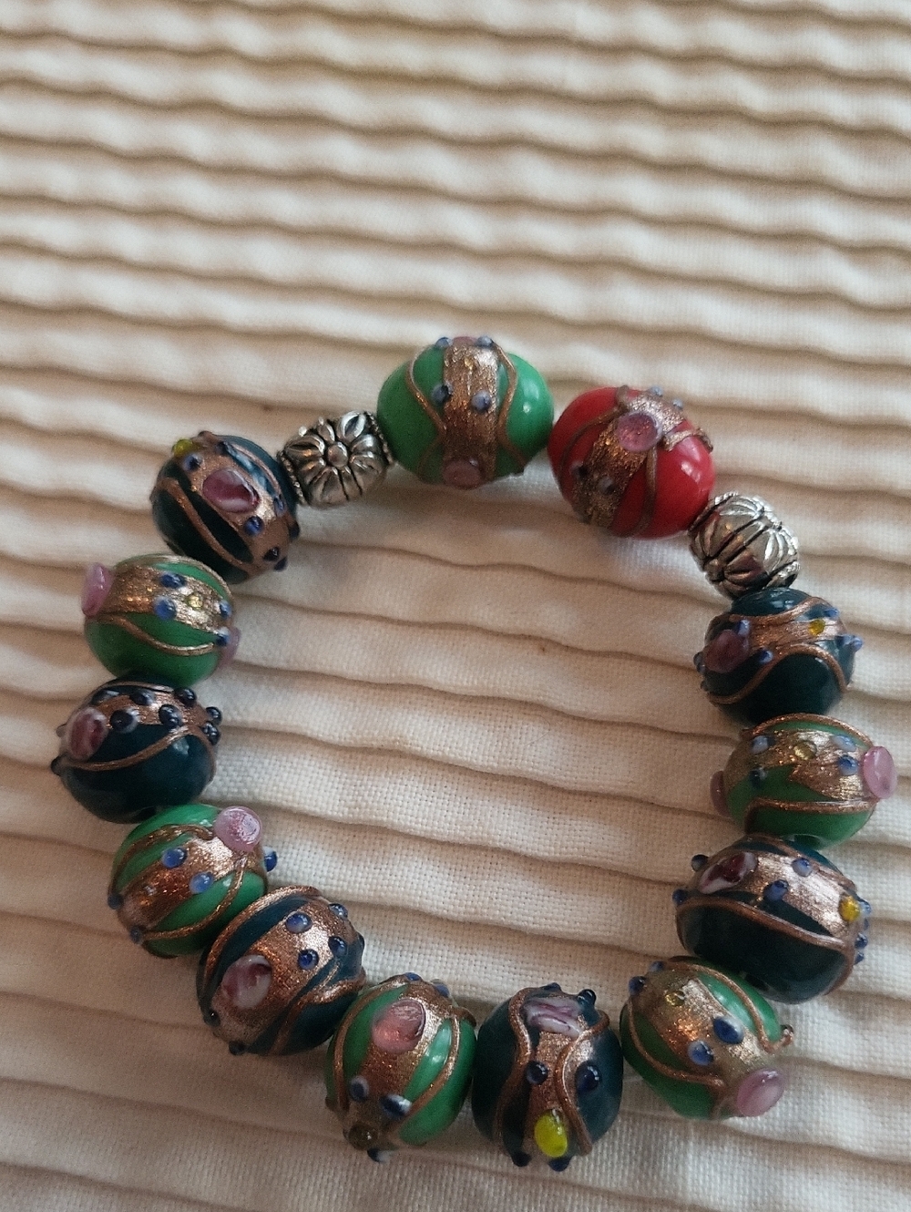 Jade Green, Teal & Red Glass Lampwork Bead & 2 Silver-tone Bead Stretch Bracelet